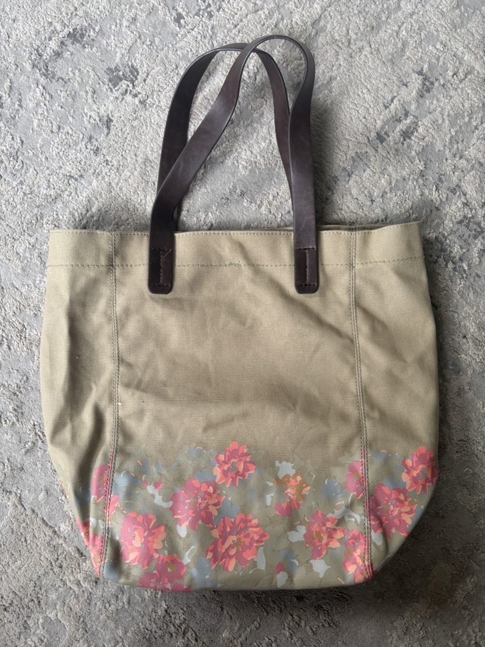 GAP Olive Canvas Tote with Pink Floral Accent and Dark Brown Handles